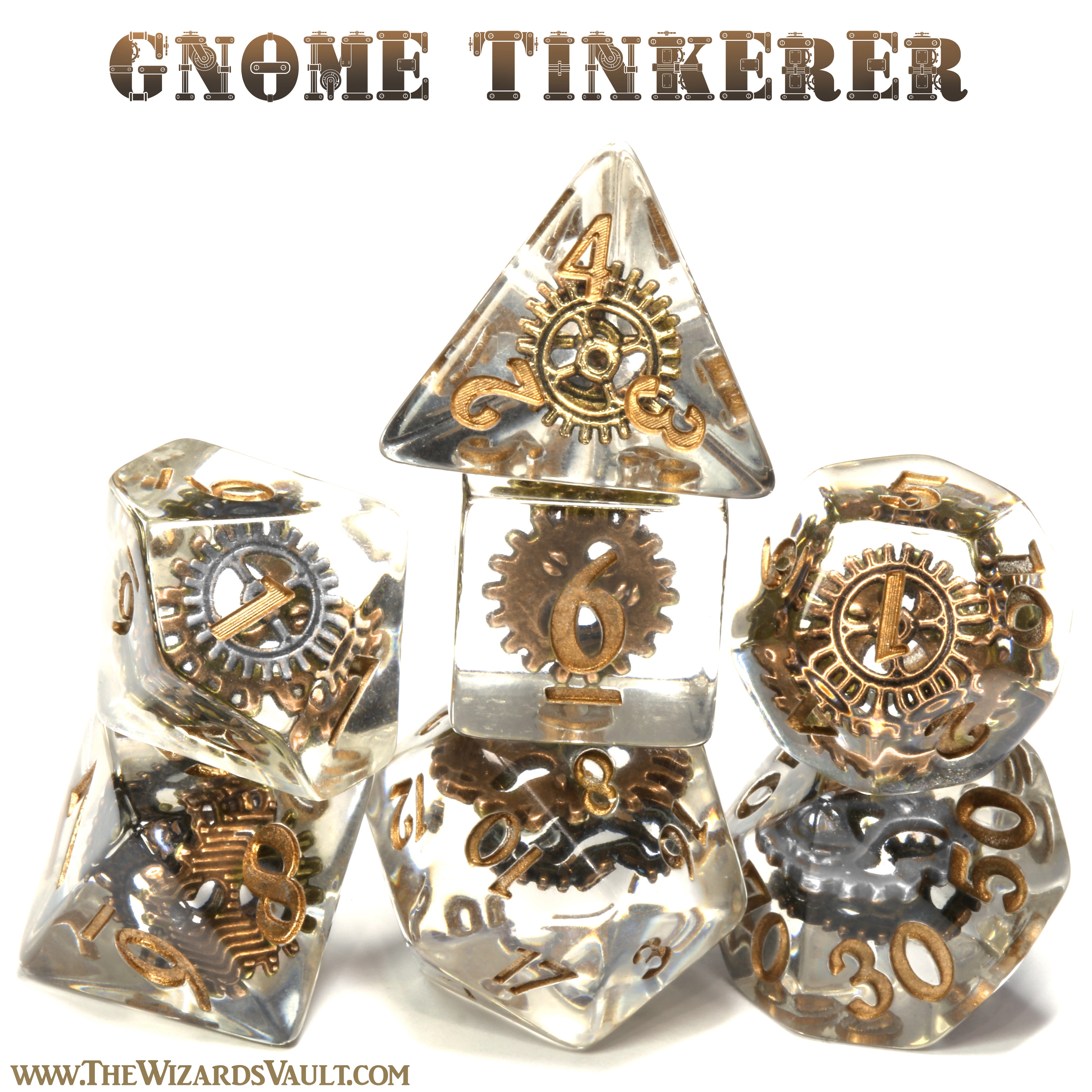 Gnome Tinkerer - Dice with gears in clear resin - The Wizard's Vault