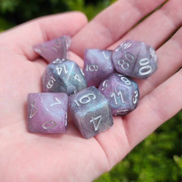 Night Storm dice set - Grey Violet and white galaxy - The Wizard's Vault