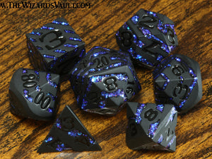 Rift Artifact - Heavy black metal dice with iridescent blue stripe - The Wizard's Vault