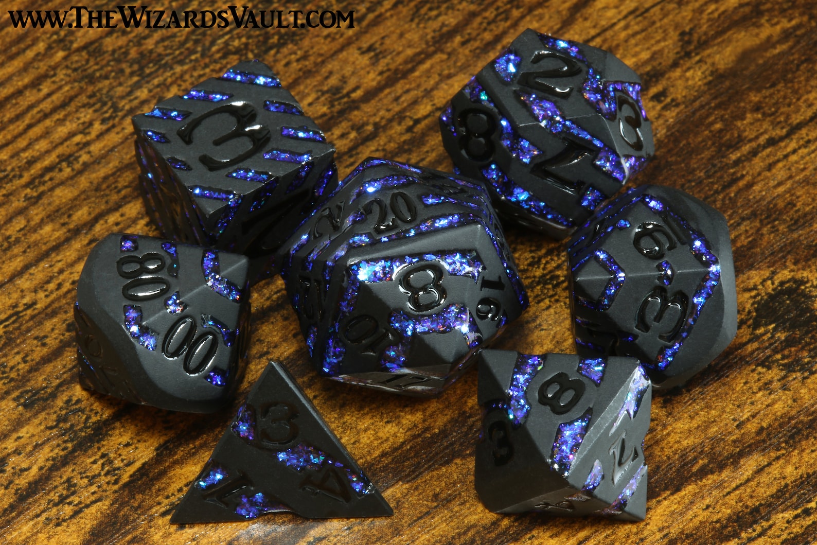 Rift Artifact - Heavy black metal dice with iridescent blue stripe - The Wizard's Vault