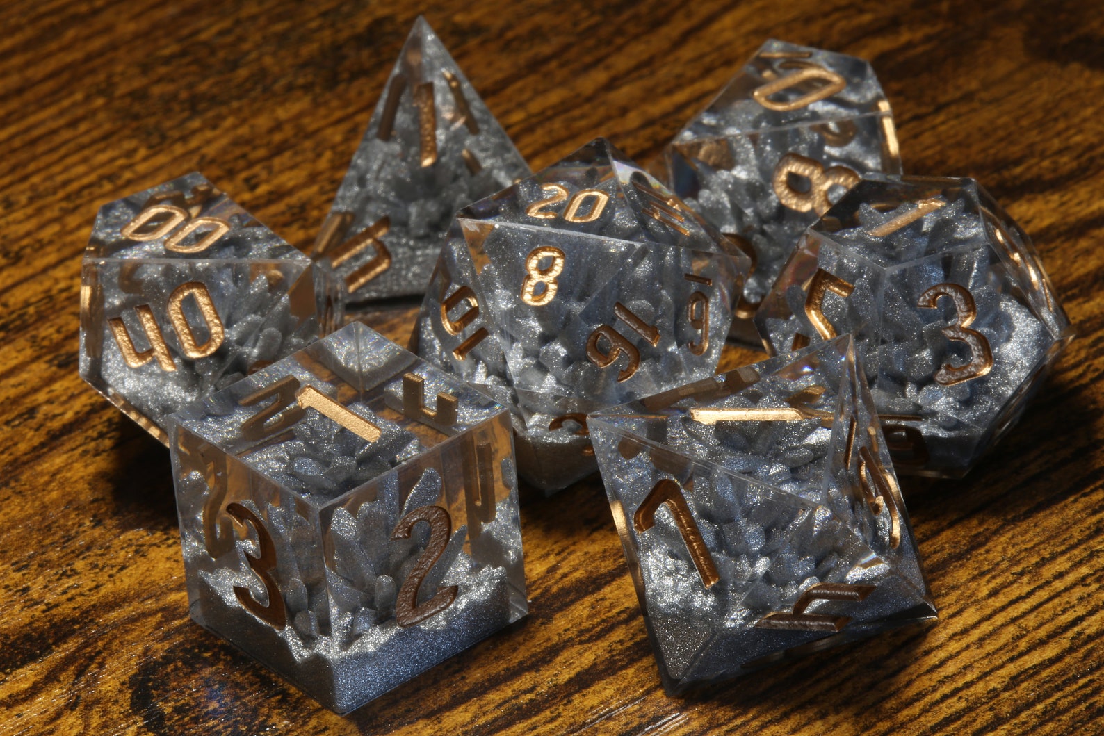 Mithral Cluster dice set - Sharp edge dice set with silver crystal cluster - The Wizard's Vault