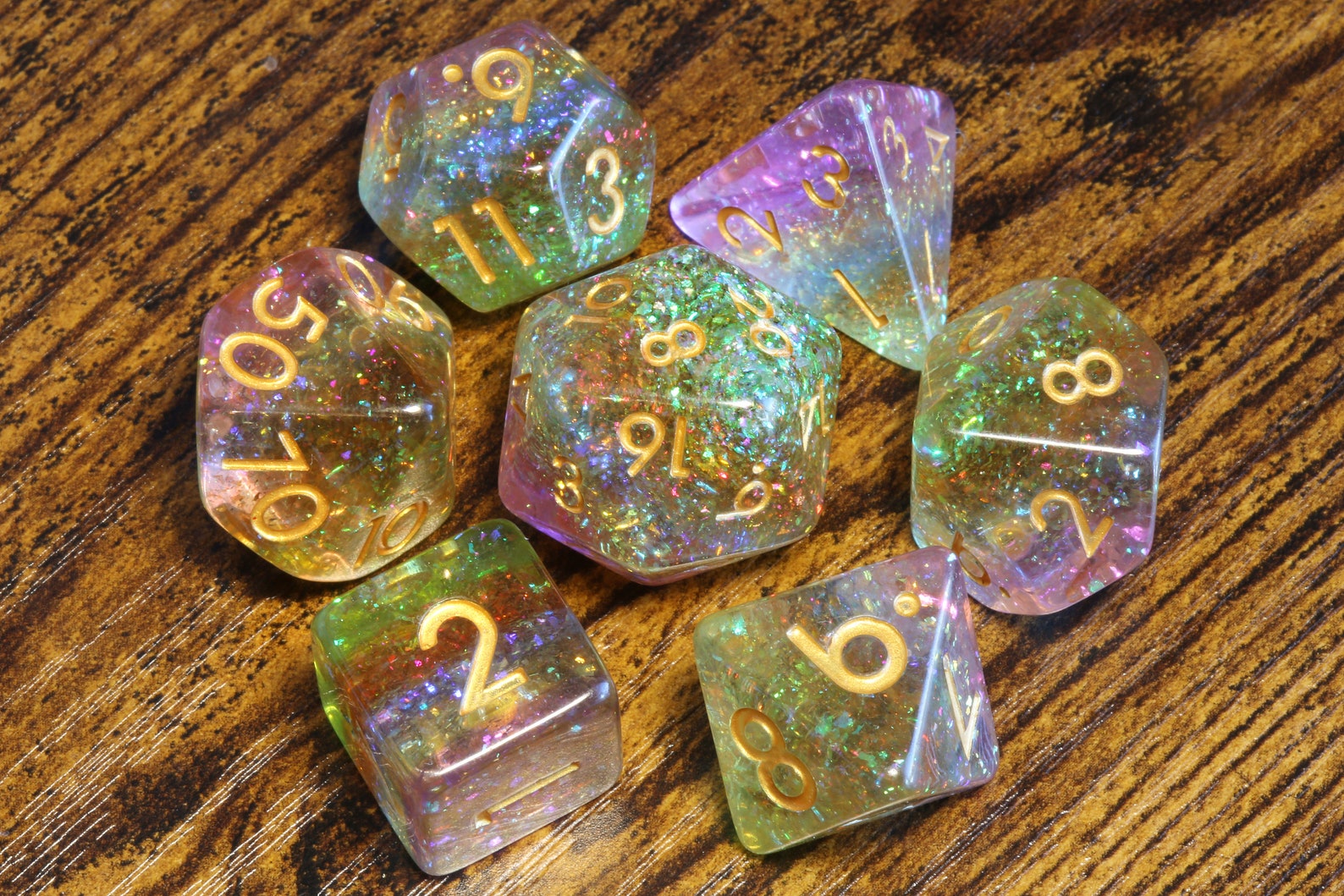 Rainbow Sparkle Dice Set - Multicolored glitter layer - The Wizard's Vault