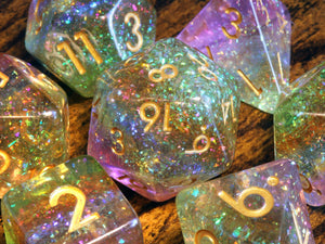 Rainbow Sparkle Dice Set - Multicolored glitter layer - The Wizard's Vault
