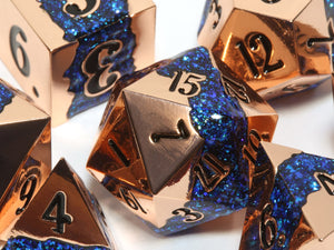 Mana Ore, Blue mica stripe dice set with shiny copper metal - The Wizard's Vault