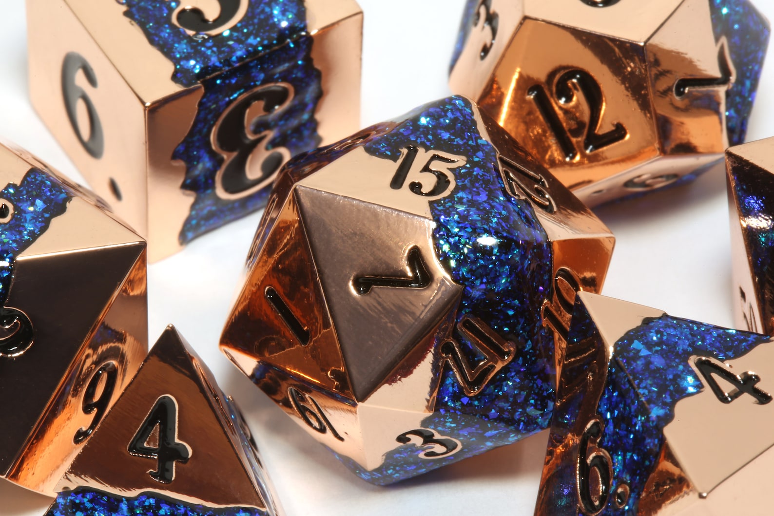 Mana Ore, Blue mica stripe dice set with shiny copper metal - The Wizard's Vault