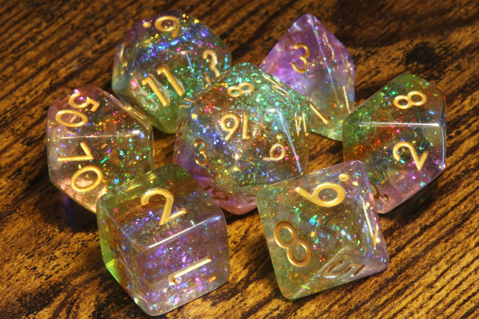 Rainbow Sparkle Dice Set - Multicolored glitter layer - The Wizard's Vault