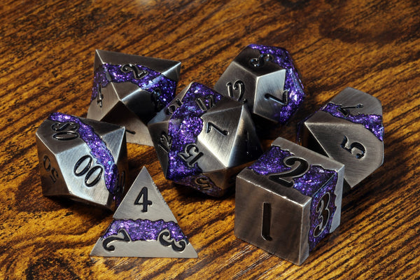 Mana Ore, Purple mica stripe dice set with antique silver metal - The Wizard's Vault