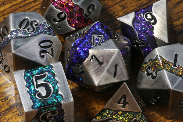 Mana Ore, Multicolor mica stripe dice set with antique silver metal - The Wizard's Vault