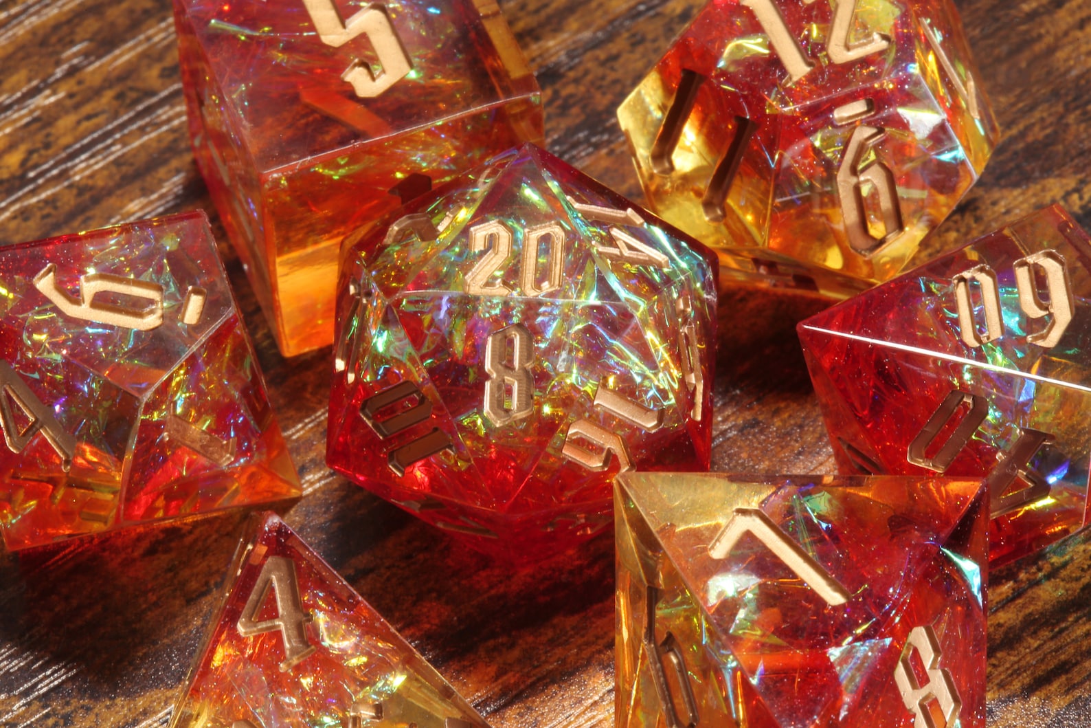 Pyromancer's Ritual dice set - Red, Orange sharp edge dice set with holographic foil - The Wizard's Vault