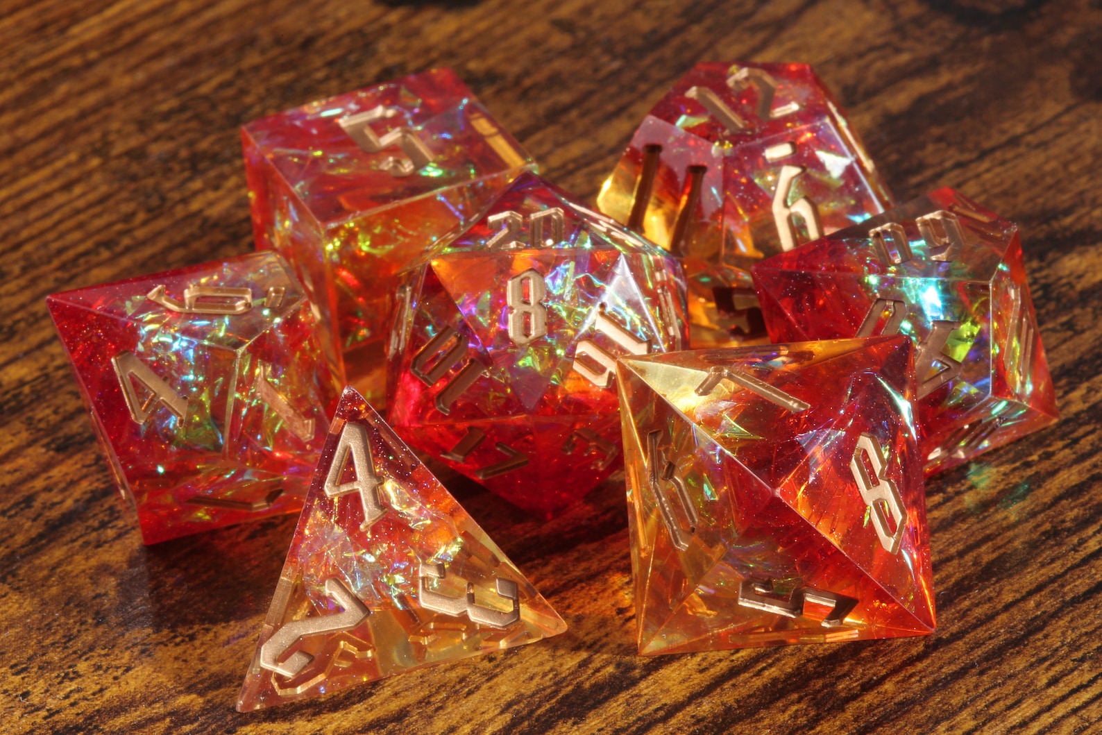 Pyromancer's Ritual dice set - Red, Orange sharp edge dice set with holographic foil - The Wizard's Vault