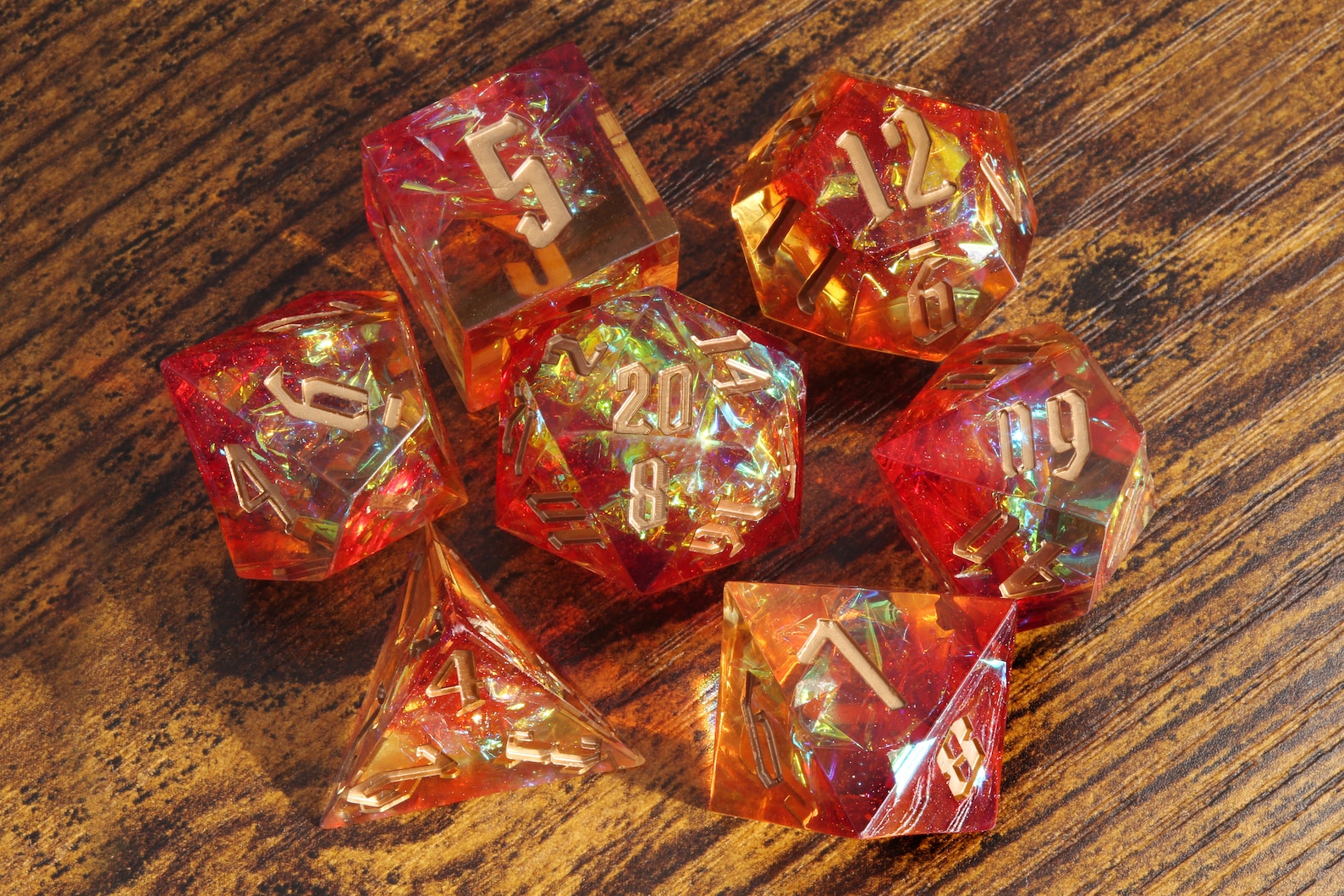 Pyromancer's Ritual dice set - Red, Orange sharp edge dice set with holographic foil - The Wizard's Vault