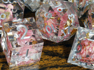Light Pink flowers sharp edge dice set with gold flakes and holographic glitters - The Wizard's Vault