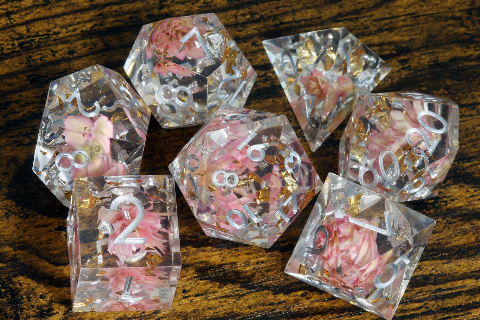 Light Pink flowers sharp edge dice set with gold flakes and holographic glitters - The Wizard's Vault