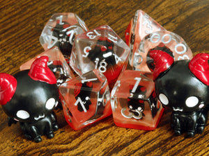 Demonic Cat dice set - Dice set with winged cats on an orange layer - The Wizard's Vault