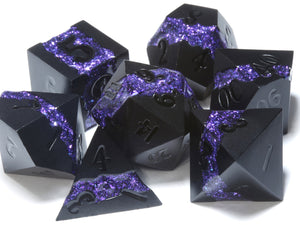 Mana Ore, Purple mica stripe dice set with black metal - The Wizard's Vault