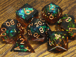 Sylvan Sanctuary dice set - Brown and green sharp edge dice set with holographic foil - The Wizard's Vault
