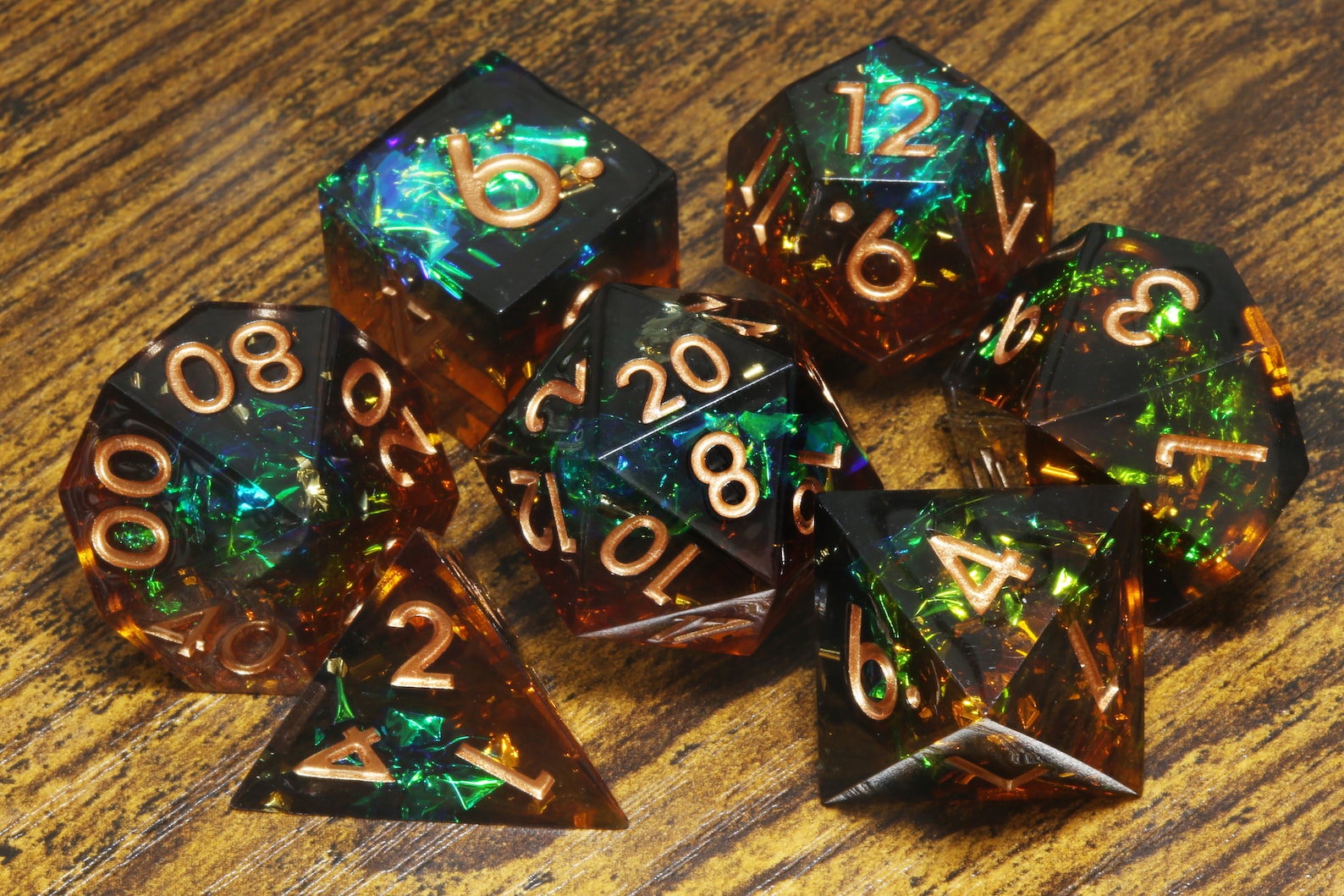 Sylvan Sanctuary dice set - Brown and green sharp edge dice set with holographic foil - The Wizard's Vault