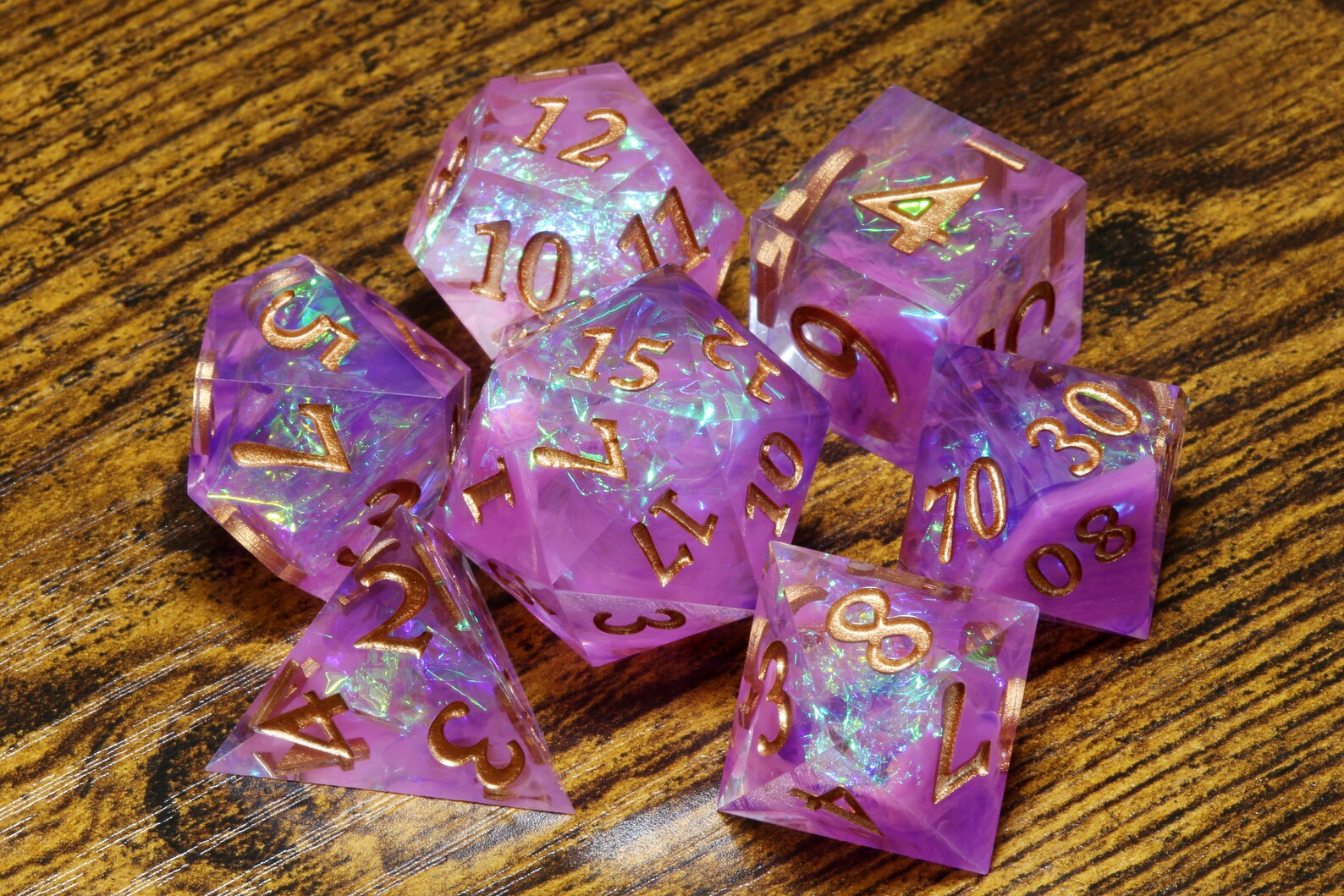 Endless Horizon dice set - Purple sharp edge dice set with holographic foil inclusions - The Wizard's Vault