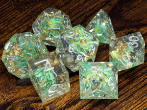 Light Green flowers sharp edge dice set with gold flakes and holographic glitters - The Wizard's Vault