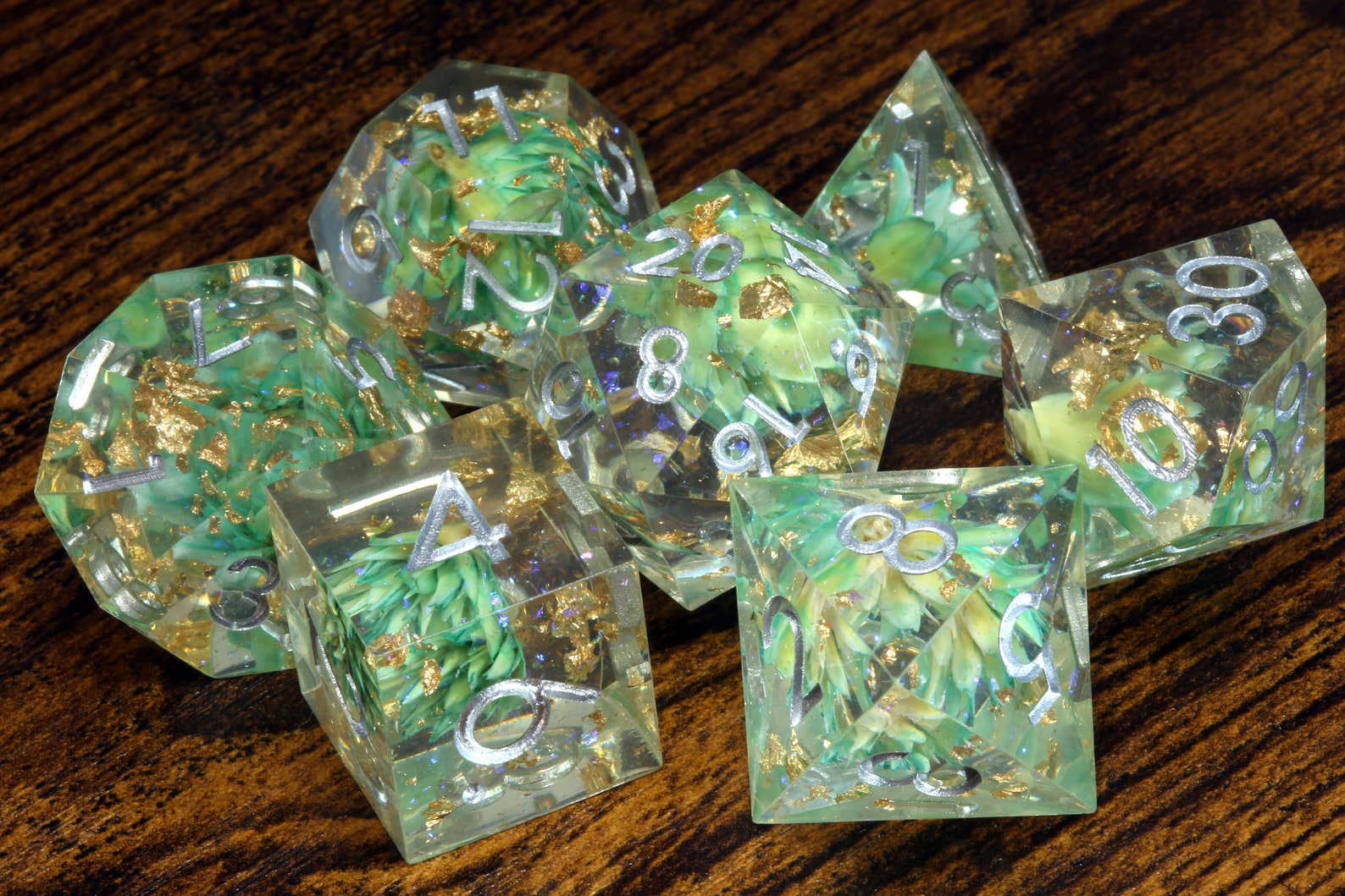 Light Green flowers sharp edge dice set with gold flakes and holographic glitters - The Wizard's Vault