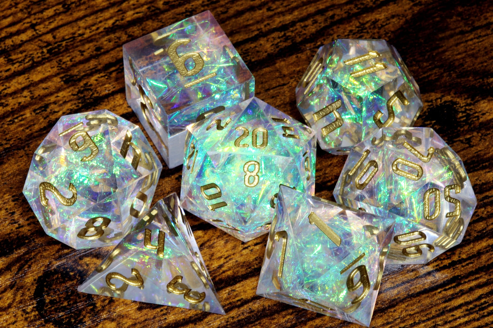 Sacred Opal dice set - Clear sharp edge dice set with holographic foil - The Wizard's Vault
