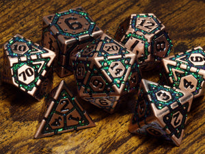 Emerald Vault dice set- Heavy copper metal dice with green iridescent mica - The Wizard's Vault
