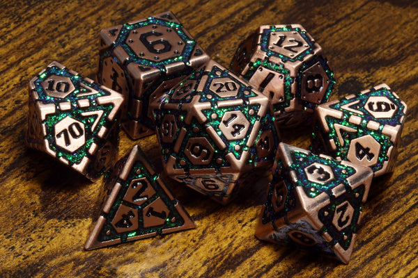Emerald Vault dice set- Heavy copper metal dice with green iridescent mica - The Wizard's Vault
