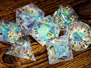 Sacred Opal dice set - Clear sharp edge dice set with holographic foil - The Wizard's Vault