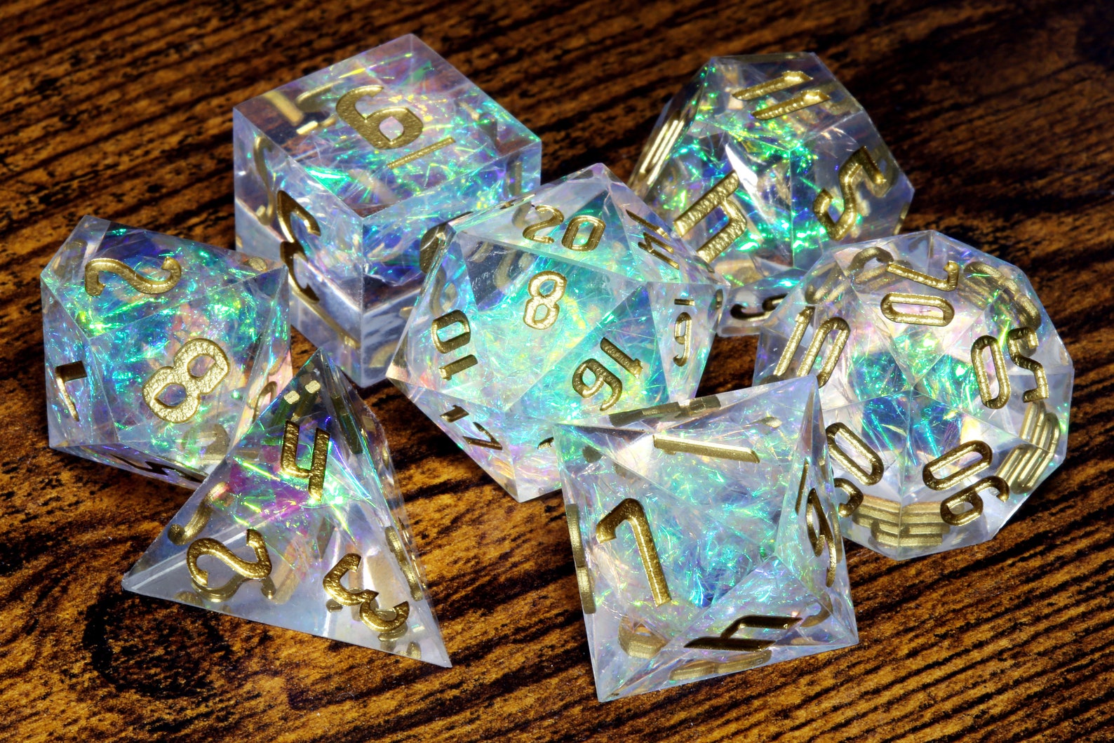 Sacred Opal dice set - Clear sharp edge dice set with holographic foil - The Wizard's Vault