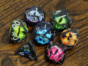Feywild Wyrm - multicolor dragon eyes dice set - The Wizard's Vault