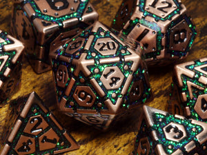 Emerald Vault dice set- Heavy copper metal dice with green iridescent mica - The Wizard's Vault