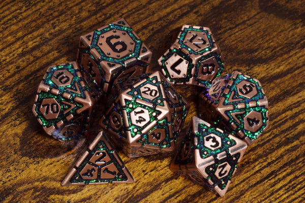 Emerald Vault dice set- Heavy copper metal dice with green iridescent mica - The Wizard's Vault