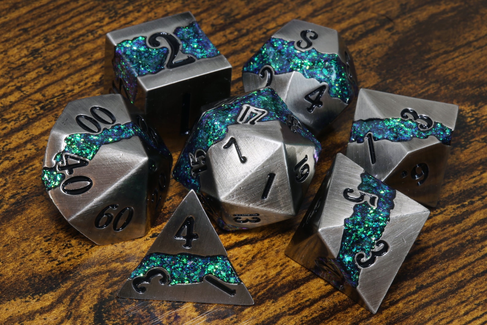 Mana Ore, turquoise green mica stripe dice set with antique silver metal - The Wizard's Vault