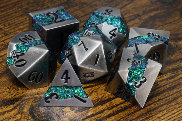Mana Ore, turquoise green mica stripe dice set with antique silver metal - The Wizard's Vault