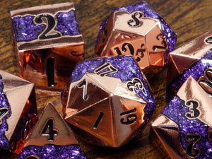 Mana Ore, Purple mica stripe dice set with shiny copper metal - The Wizard's Vault