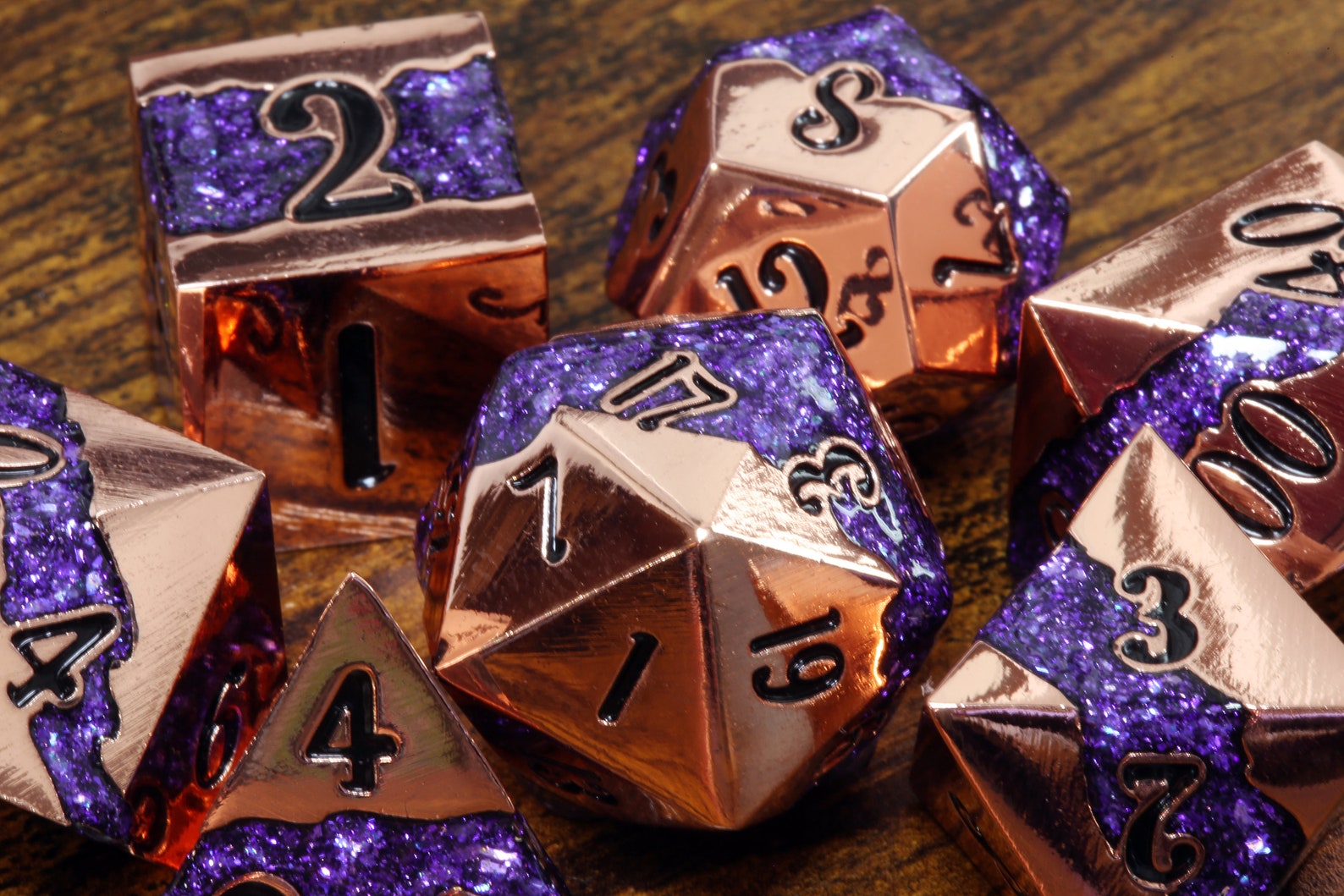 Mana Ore, Purple mica stripe dice set with shiny copper metal - The Wizard's Vault