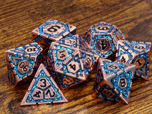 Azure Vault dice set- Heavy Copper metal dice with blue iridescent mica - The Wizard's Vault