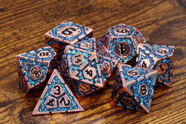 Azure Vault dice set- Heavy Copper metal dice with blue iridescent mica - The Wizard's Vault