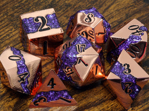 Mana Ore, Purple mica stripe dice set with shiny copper metal - The Wizard's Vault
