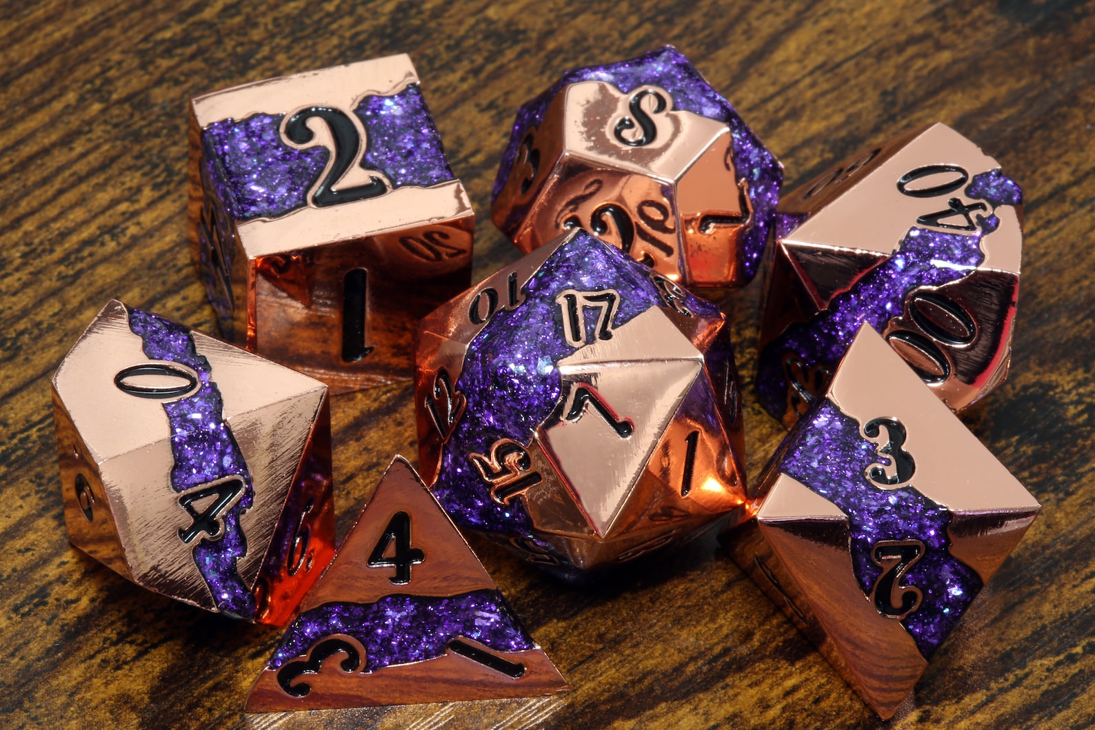 Mana Ore, Purple mica stripe dice set with shiny copper metal - The Wizard's Vault