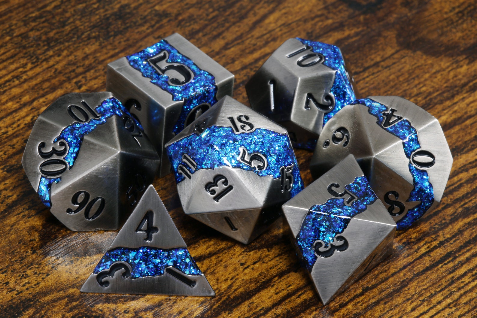 Mana Ore, Blue mica stripe dice set with antique silver metal - The Wizard's Vault