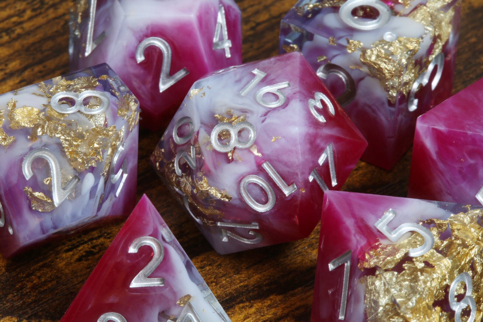 Crimson Splendor dice set - sharp edge dice set with red and white resin and gold flakes - The Wizard's Vault