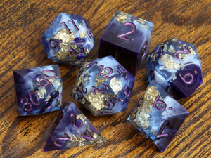 Majestic Twilight dice set - sharp edge dice set with deep purple and white resin with gold flakes - The Wizard's Vault