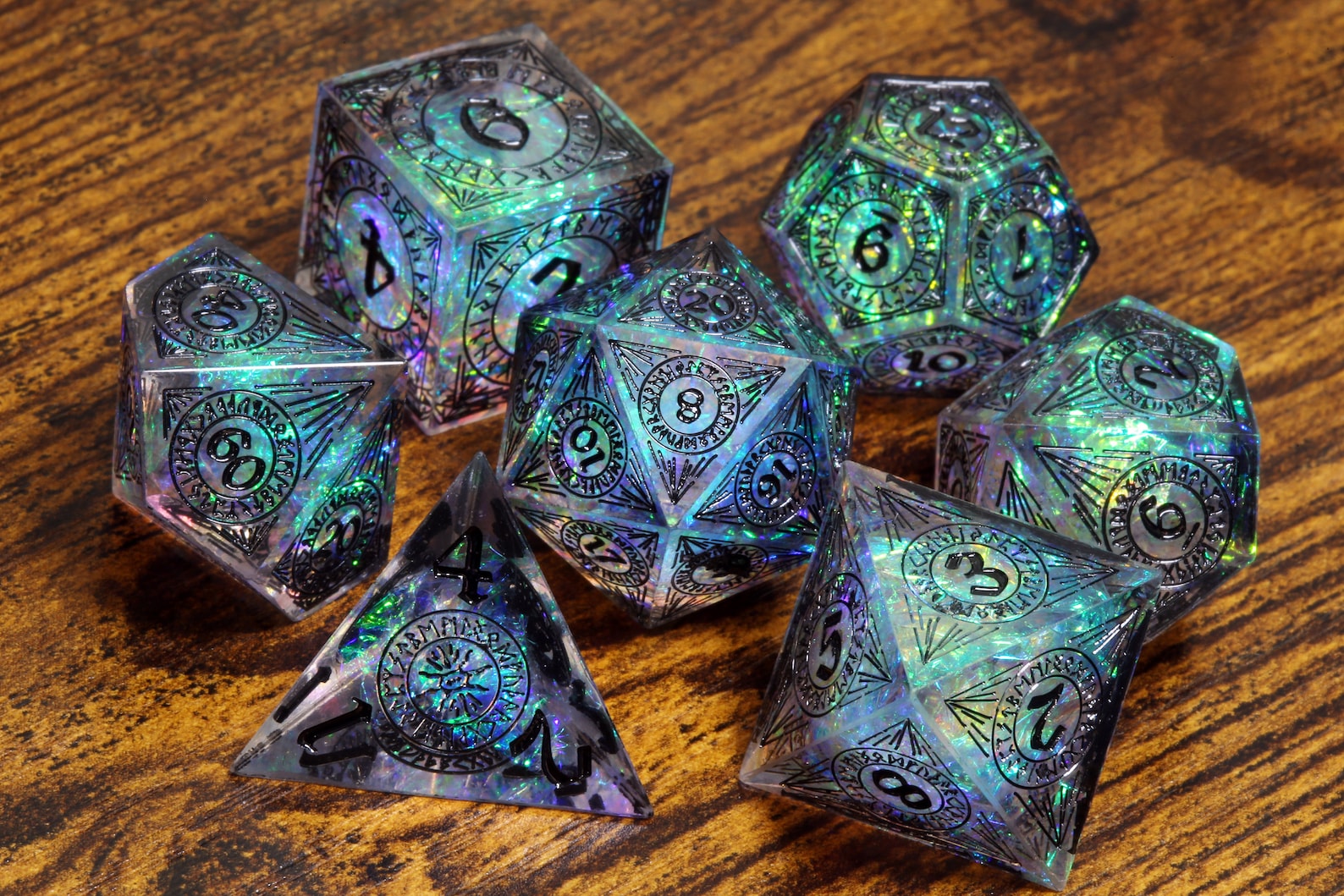 Elder Runes dice set - Clear sharp edge dice set with holographic foil and runes - The Wizard's Vault