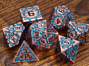Azure Vault dice set- Heavy Copper metal dice with blue iridescent mica - The Wizard's Vault