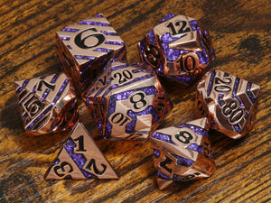Rift Artifact - Heavy shiny copper metal dice with iridescent purple stripe - The Wizard's Vault