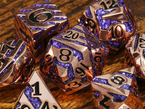 Rift Artifact - Heavy shiny copper metal dice with iridescent purple stripe - The Wizard's Vault