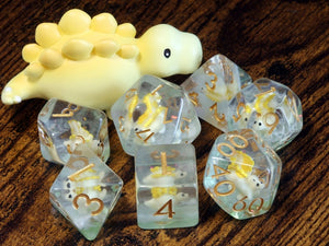 Yellow Baby Stegosaurus dice set, Dinosaur dice - The Wizard's Vault