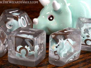 Baby Triceratops dice set, Mint Green, Dinosaur dice - The Wizard's Vault