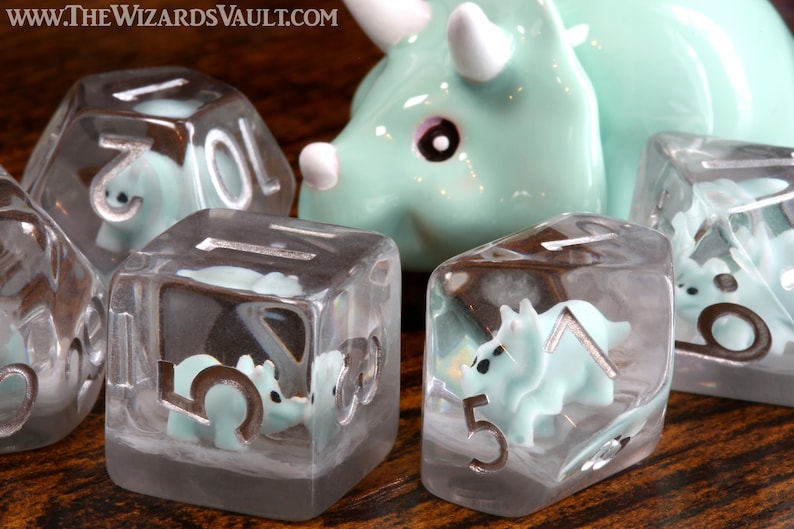Baby Triceratops dice set, Mint Green, Dinosaur dice - The Wizard's Vault